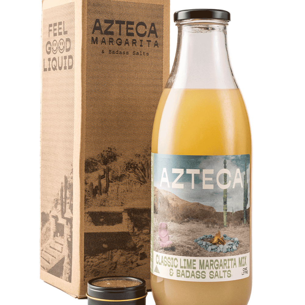 1 litre bottle of Azteca Margarita mix in the refreshing, classic lime flavour. Comes in this neat giftbox with badass salts included